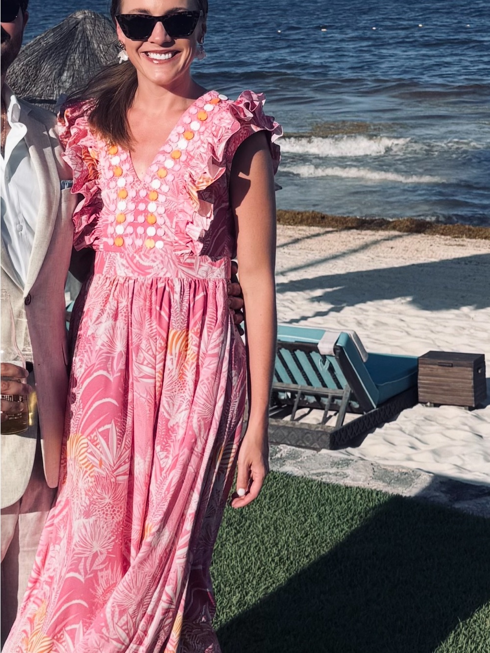 Pink Tropical-Print Maxi Dress with Ruffle Sleeve Detail - Picture 2 of 4